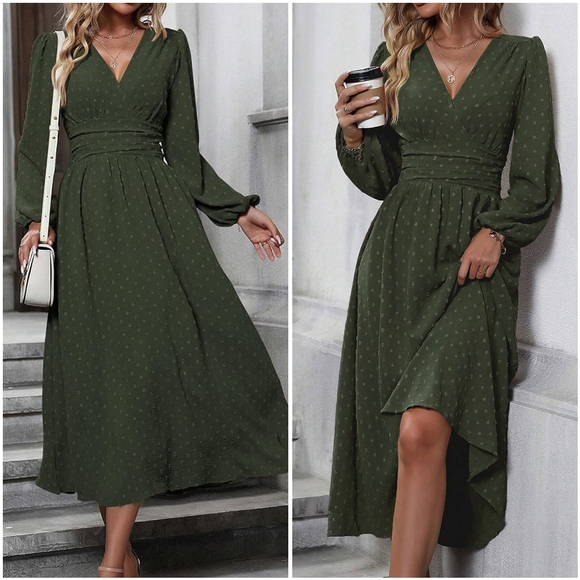 Liotxecd Dresses & Skirts - NWT Liotxecd Green Swiss Dot V Long Lanturn Sleeve Prairie Boho Maxi Dress L